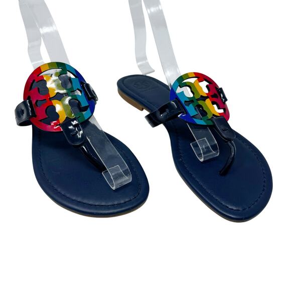 TORY BURCH Navy Blue Rainbow Stripe Miller Logo Patent Leather Sandals Size 7 - Picture 1 of 6